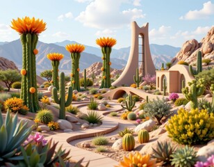 visualize a desert adapted biophilic city concept with cactus towers, solar blossoms, and reflective surfaces designed to cool and conserve moisture.