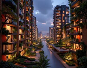 a twilight biophilic city concept glowing with soft amber lights, filled with vertical tree gardens, water vapor streets, and night blooming flora.