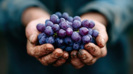 A close-up image showcasing hands covered in dirt holding a bunch of ripe purple grapes, symbolizing hard work and the beauty of nature's bounty in farming.