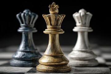 Golden queen with contrasting black and white chess pieces in strategic focus