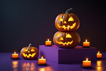 Stacked Carved Pumpkins with Candles on Purple Surface – Spooky Halloween Scene