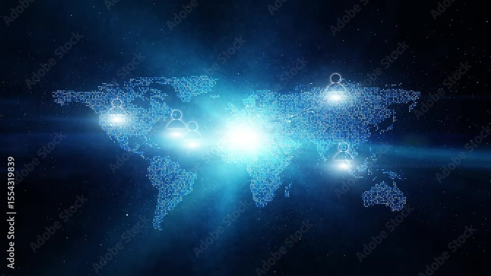 Poster digital people connection with world map on futuristic dark blue loop cyberspace background.