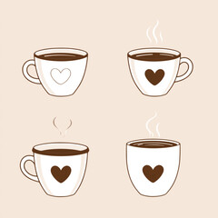 Four different hot coffee mugs with various angles and steam designs, cozy beverage vector illustration for cafe decor, menu, or prints