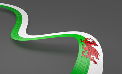 3d Flag Of Wales 3d Wavy Shiny Wales Ribbon Flag On Grey Background 3d Illustration