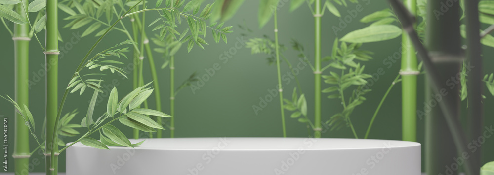 Poster tranquil zen bamboo forest background with empty white pedestal for natural product display. 3d rend