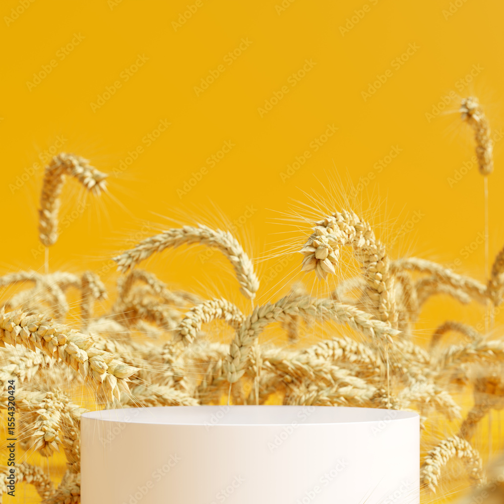 Poster 3d rendering. golden wheat field harvest scene with empty podium for autumn product display