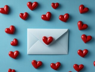 red heart and envelope, Valentine's day envelope, red hearts on a blue background 