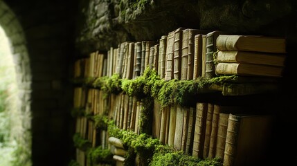 Fototapeta premium Aged books lined on shelves covered in moss.