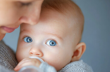Mother feeds her three-month-old baby boy using skin-to-skin car