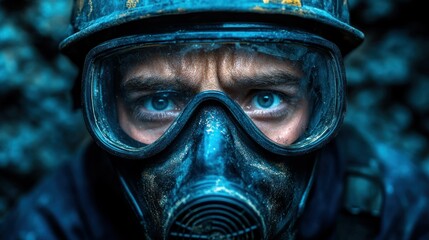 Close-up of a miner wearing protective gear