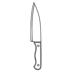 A vector illustration of a chefs knife with a detailed wooden handle and a sharp blade, presented in a minimalist black and white line art style.