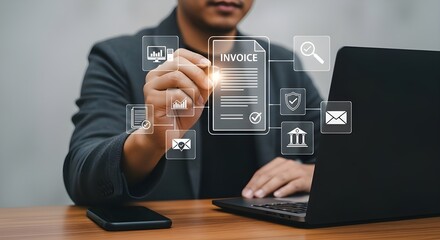 Digital Invoice Processing with Businessman and Holographic Interface | Online Accounting, E-Billing and Financial Technology Solutions