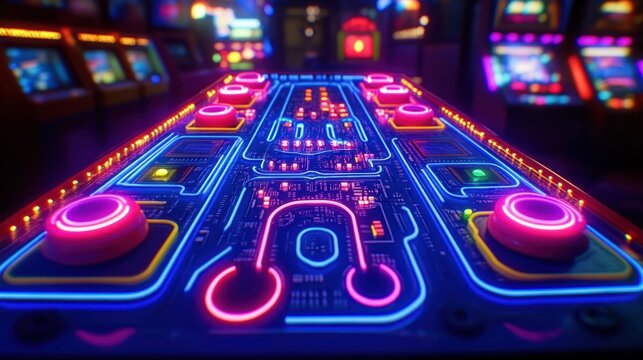 Close-up of a vibrant, neon-lit arcade game control panel