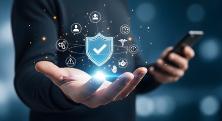 Hand holding glowing digital shield security icon protecting data and mobile technology.