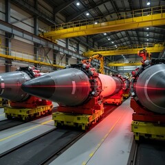 Wide-Angle View of Ballistic Missiles on Rails in Robotic Hangar with Laser Scanners and Arms