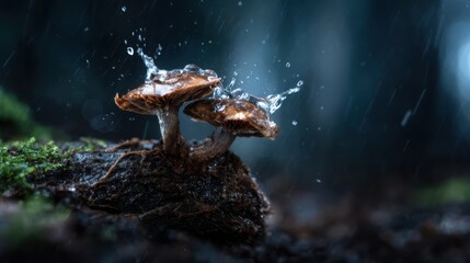Obraz premium Two mushrooms emerge from the forest floor, sparkling with raindrops in a captivating scene. This image beautifully illustrates the resilience of life amidst the wet surroundings.