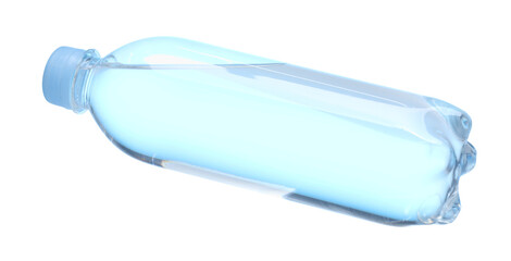 Plastic bottle with clean water in air on white background