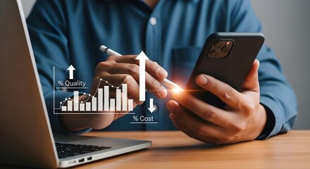 Businessman analyzing digital graph for quality and cost optimization using smartphone and laptop
