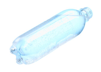 Plastic bottle with clean water in air on white background