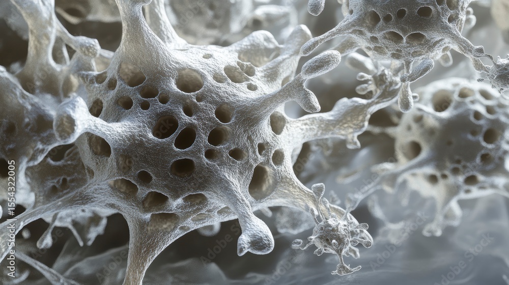 Poster microscopic view of interconnected porous cells, showing intricate detail and texture.