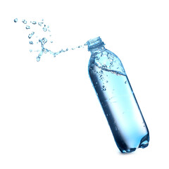 Plastic bottle with splashing water in air on white background