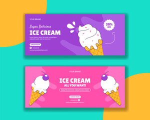Tasty Ice Cream Social Media Banner in Flat Hand Drawn Cartoon Style Illustration