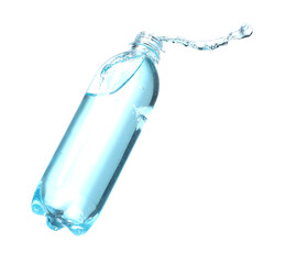 Plastic bottle with splashing water in air on white background