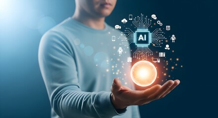 Man holding glowing digital artificial intelligence brain chip concept for technology innovation