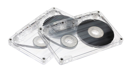 Audio cassettes with magnetic tapes isolated on white