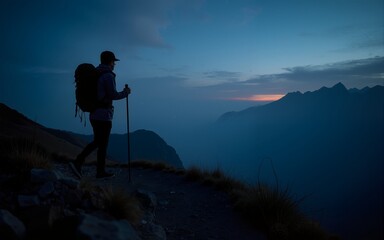 man hiking at night. High quality