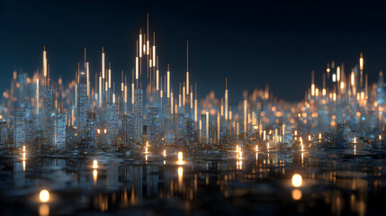 Fototapeta premium Abstract cityscape with glowing lights and reflections on water at night time environment view