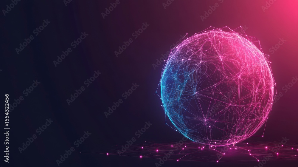 Poster abstract glowing sphere of interconnected nodes and lines, digital network concept.
