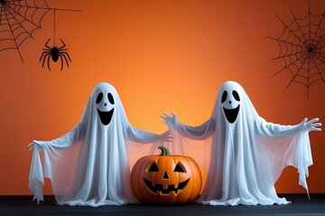 Happy Ghosts and Jack-o'-Lantern Halloween Scene on Orange Background