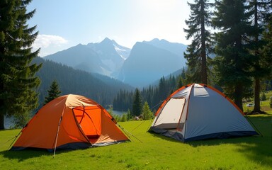 Tents set up in sunny, grassy campsite with trees and mountains in background. High quality