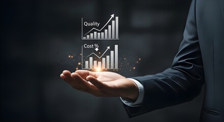 Business professional holding glowing Quality and Cost performance charts for optimization and efficiency