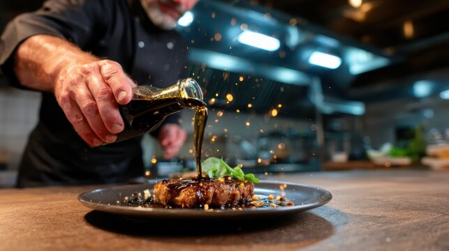 A chef skillfully pouring a rich sauce over a gourmet steak, highlighting the precision and artistry of culinary techniques in an elegant kitchen setting.