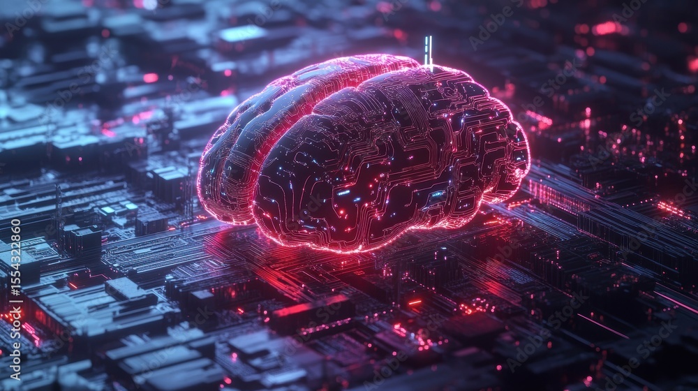 Poster ai brain on circuit board; digital neural network, futuristic technology concept.