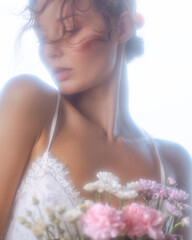 Dreamy Portrait Of Woman In White Lingerie Holding Spring Flowers