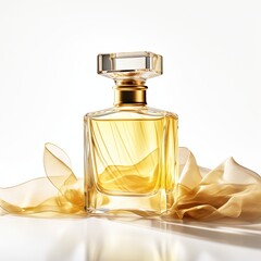 A transparent perfume bottle with a golden cap is isolated on a white background. The bottle has a simple, elegant design and is perfect for displaying your favorite fragrance.
