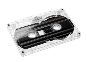 One audio cassette with magnetic tape isolated on white