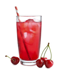 Tasty cherry soda water with ice cubes and berries isolated on white