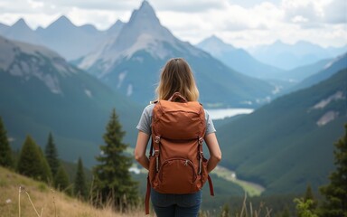 Naklejka premium a young adult woman with a backpack on a mountain with a view of a valley and a mountain, nature and hiking, wanderlust, camping and hiking. High quality