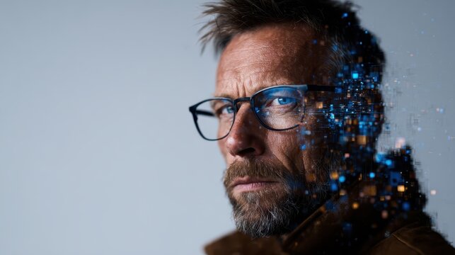 A male figure’s profile creatively merges with dazzling digital data points and elements, portraying the modern intersection of humanity and technology in today's world.