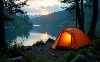 Camping tent in a camping in forest by the river. High quality