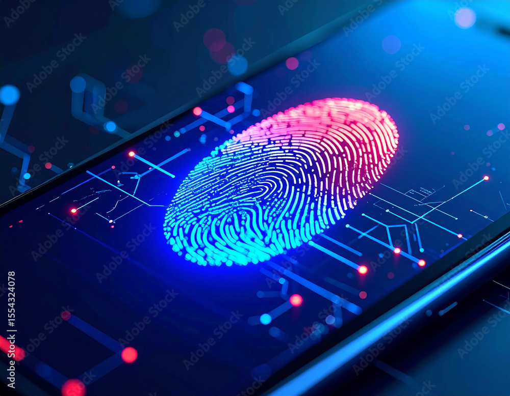 Poster fingerprint security on mobile: a glowing fingerprint hovers over a mobile screen, symbolizing advan