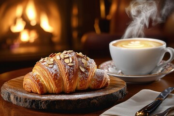 A delicious almond croissant sits on a wooden platter next to a steaming cup of coffee. The warm glow of a fireplace creates a cozy atmosphere, perfect for relaxation.
