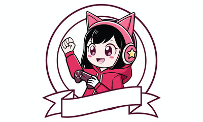 Cute anime girl with cat ears and headphones holding a game controller raising her fist in victory framed by a circular border and a banner for text