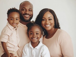 Fototapeta premium A joyful family of four poses together in a cozy studio. The parents are beaming, holding their cheerful children close in a heartwarming moment of togetherness.