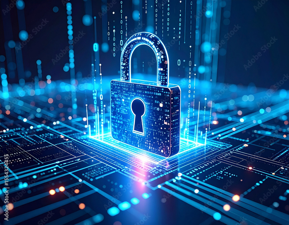 Poster digital fortress: an ethereal padlock emerges from a vibrant network of digital streams, symbolizing