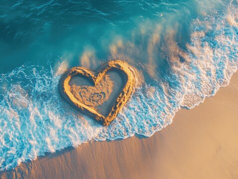 Heart-shaped sand sculpture on a beach by the ocean at sunset